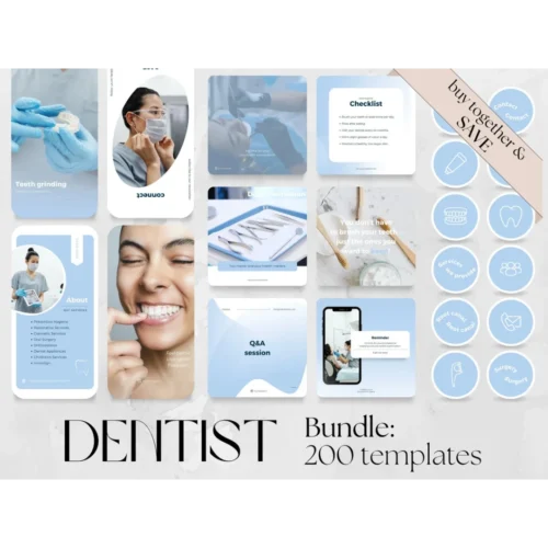200 Dental BUNDLE 1 200 Dental BUNDLE: 60 Posts, 60 Stories, 80 Highlight Covers Template | Social Media dentist clinic, IG Instagram Facebook oral health care
